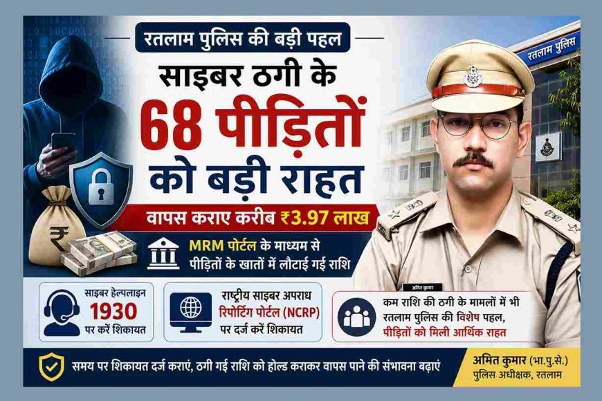 साइबर ठगी के पीड़ितों को राहत ! रतलाम पुलिस ने 68 पीड़ितों को वापस कराए करीब ₹3.97 लाख, SP अमित कुमार की पहल से कम राशि वाले मामलों में भी कार्रवाई तेज