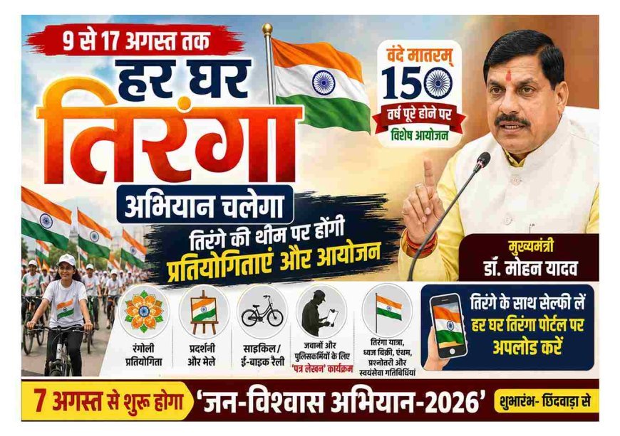 मप्र में 9 से 17 अगस्त तक चलेगा "हर घर तिरंगा" अभियान, वंदे मातरम् के 150 वर्ष पूरे होने पर होंगे विशेष आयोजन- मुख्यमंत्री डॉ. यादव