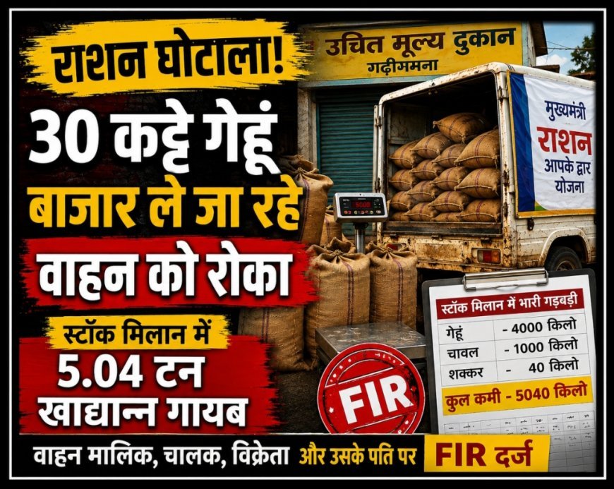 राशन दुकान का गेहूं बाजार में खपाने की तैयारी ! 30 कट्टे लदे वाहन को ग्रामीणों ने रोका, स्टॉक मिलान में 5 टन खाद्यान्न गायब