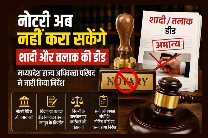 बड़ी खबर ! नोटरी अब नहीं करा सकेंगे शादी और तलाक की डीड, मध्यप्रदेश राज्य अधिवक्ता परिषद ने जारी किया निर्देश